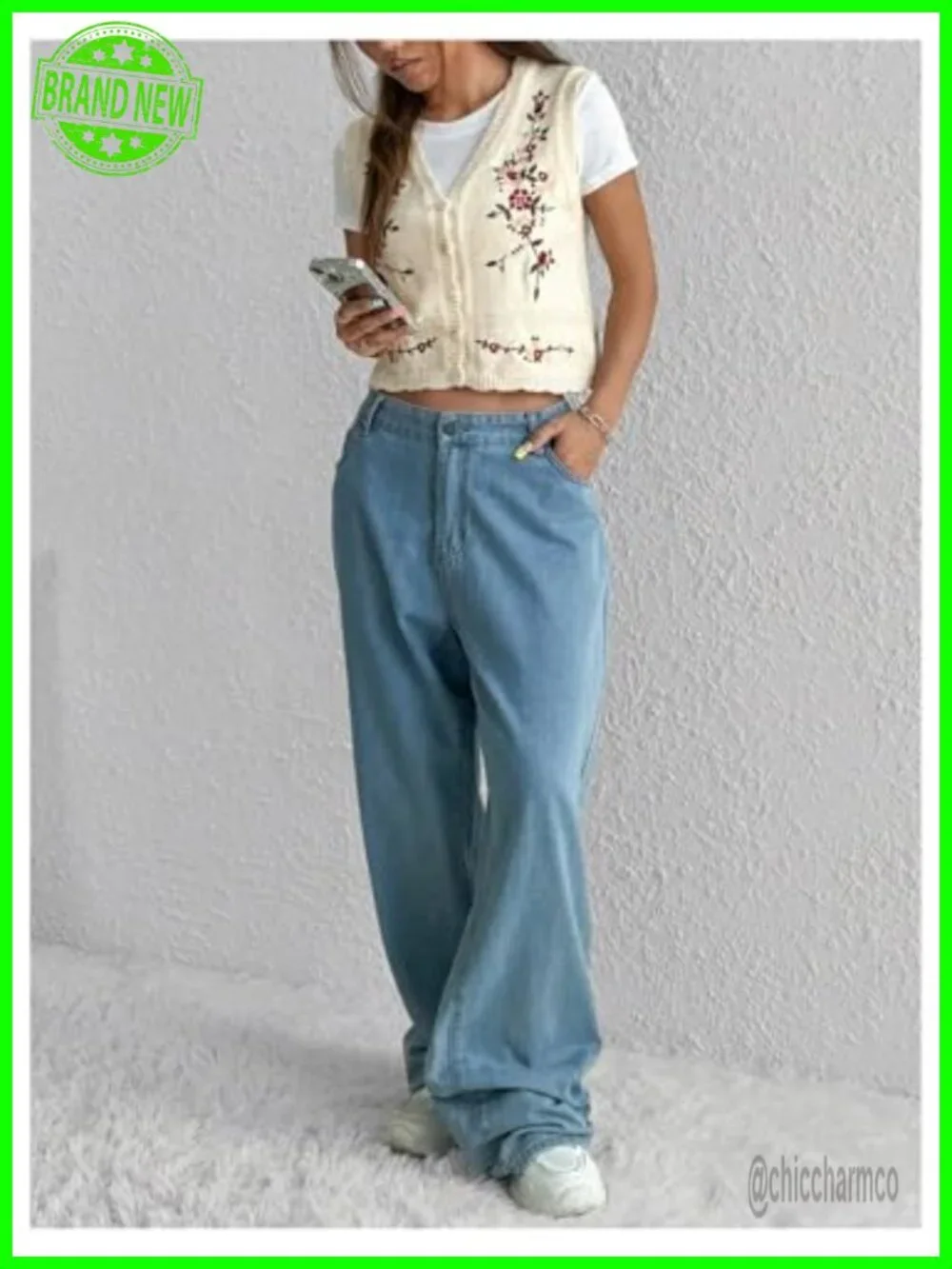 Women's Sleeveless Sweater Vest Floral Embroidered Knit Cardigan